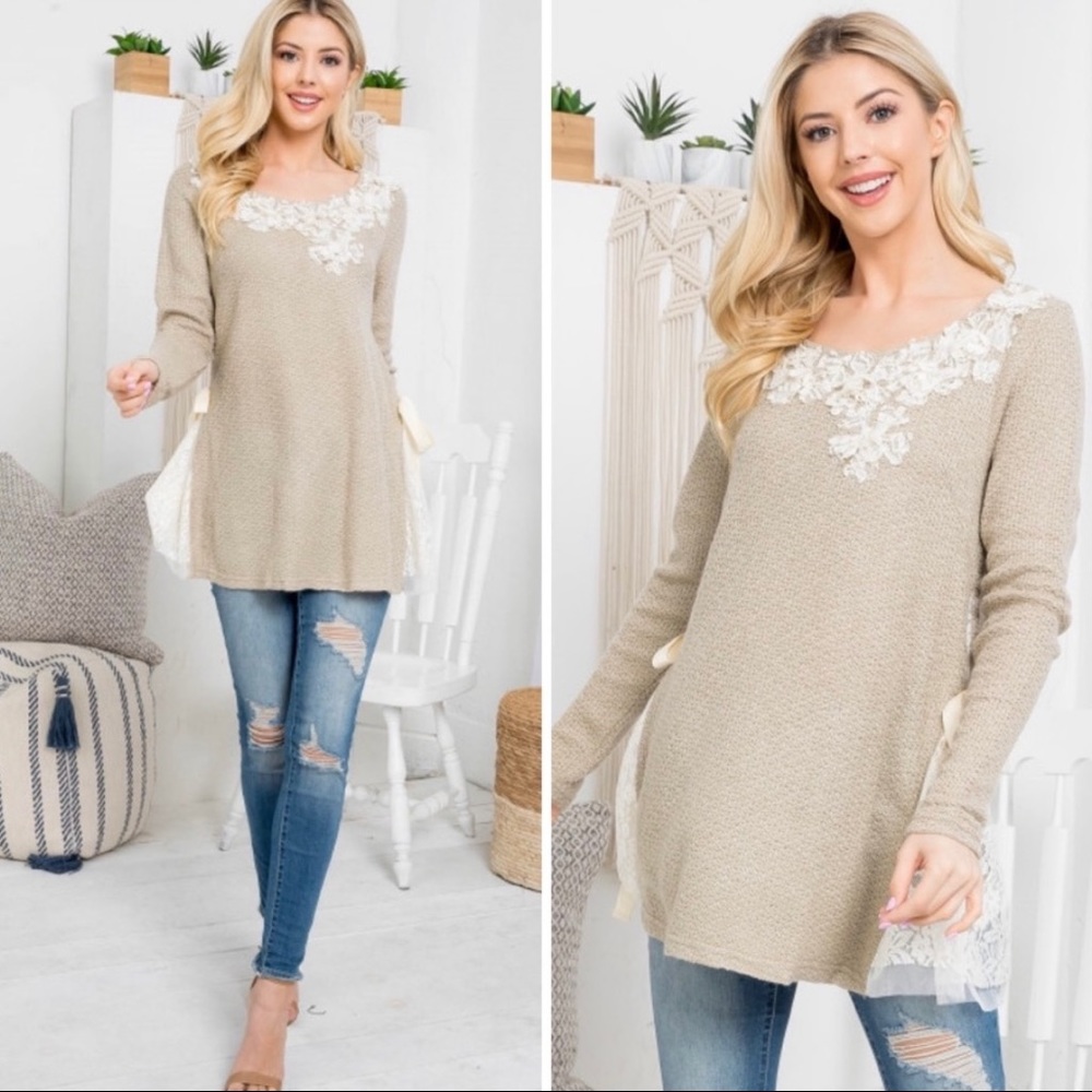 A’reve Floral Appliqué Sweater, Side Bow Ties & Lace Detail
Size S